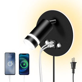 ERAY Wall Mounted Reading Light, Adjustable Wall Sconces with USB and Type-C Charging Port/Touch Control, 3000K/4000K/6000K 350° Rotatable LED Spotlight & Backlight for Bedside Bedroom -1 Pack