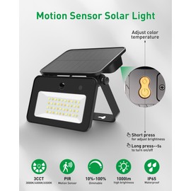 ALUSSO Solar Lights Outdoor Waterproof IP65 with 3 Modes,1000LM Flood Light Motion Sensor 150°,3000K/4000K/5000K Adjustable and Dimmable Outdoor Solar Light for Patio, Yard, Garden, Porch,2Pack