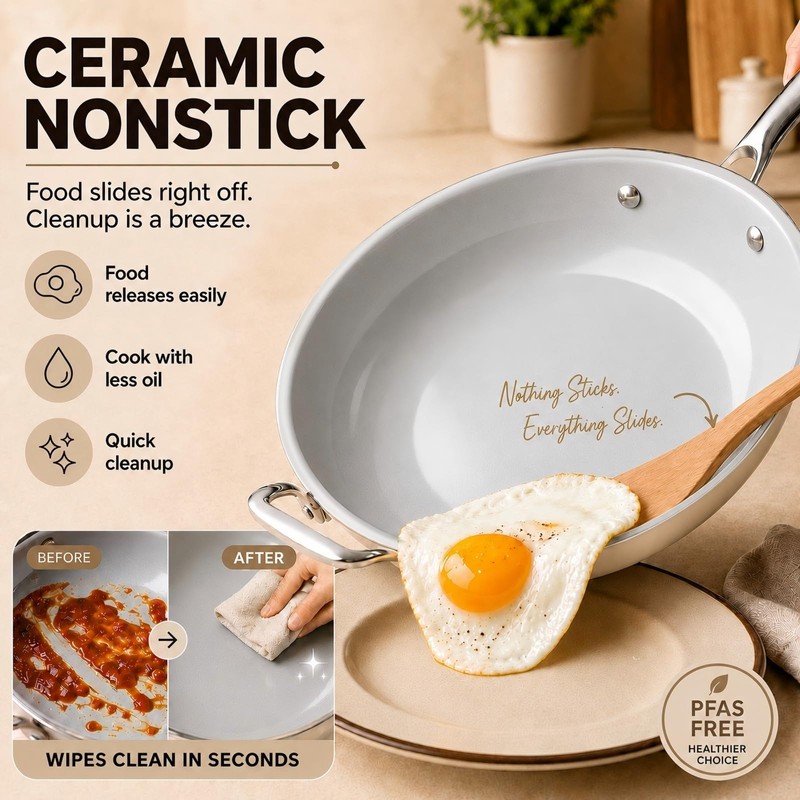 Kikcoin 12 Inch Ceramic Nonstick Frying Pan with Lid, 5