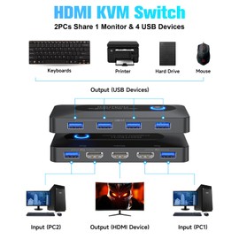 KVM Switch, RSHTECH USB Switch with 4K@60Hz HDMI and 4 USB 3.0 Ports, HDMI KVM Switch for 2 Computers Share Keyboard Mouse Printer and one HD Monitor with 2 USB Cables and 2 HDMI Cables