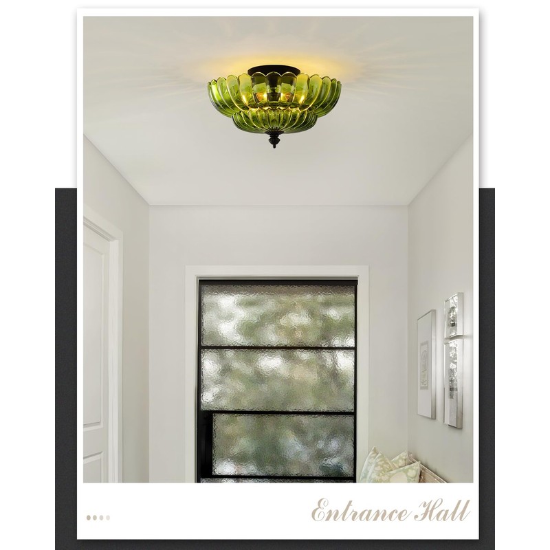 ANYLOVE Modern 12Inch Green Flower Glass Semi Flush Mount Ceiling