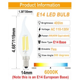 Lamsky E14 LED Bulb European Base 4W LED Chandelier Light Bulbs Dimmable 40W Equivalent,Flame Tip Candelabra LED Bulbs,110V 6000K Daylight White 12-Pack