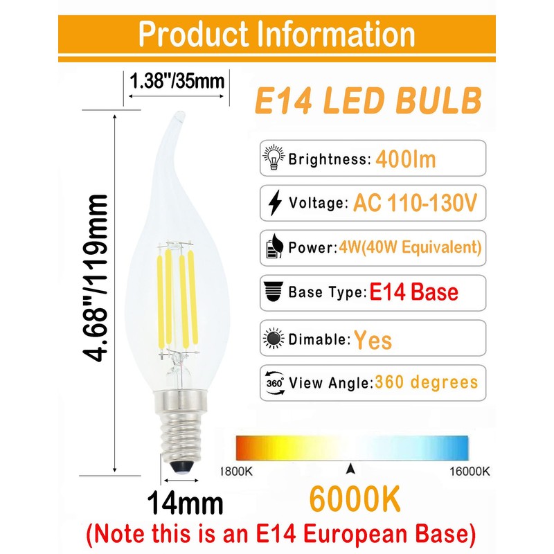 Lamsky E14 LED Bulb European Base 4W LED Chandelier Light
