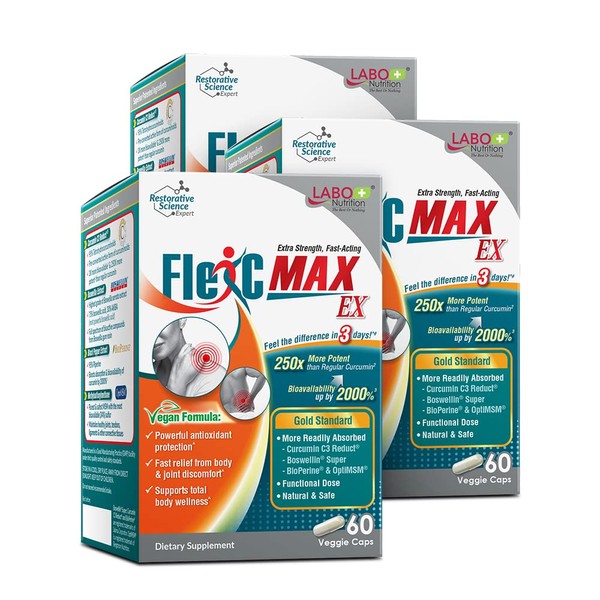 LABO Nutrition FlexC MAX EX Turmeric Curcumin C3 Reduct Tetrahydrocurcuminoids, Bioperine, Boswellia Extract & OptiMSM, Effective Antioxidation, Relief Joint Discomfort 3 Boxes