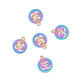Airssory 5 Pcs 201 Stainless Steel Filigree Chakra Theme Om Sanskrit Charms Flat Round with Ohm Pendant in Bulk for Yoga Jewellery Making DIY Crafts - 14x12mm
