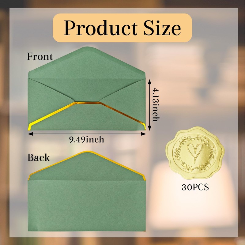 30 Pack #10 Business Envelopes with Gold Border and Stickers,