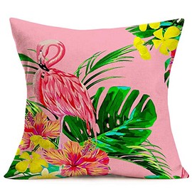 Asminifor Summer Pink Flamingo Throw Pillow Covers Cushion Case Decorative Watercolor Tropical Palm Leaves Colorful Flowers Cotton Linen Pillowcase Home Sofa Chair Cushion Cover 18âx18â (SP-Flamingo)