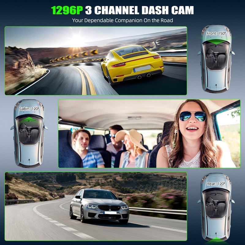 3 Channel Dash Cam Front and Rear Inside, 2.0'' 1296P