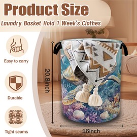 Sea Turtle Laundry Basket,Coral Seashell Laundry Hamper Waterproof Oxford Cloth Tote Collapsible,Clothes Storage Bucket Decorative Toy Organizer For Bathroom Bedroom 16" x 20.8"