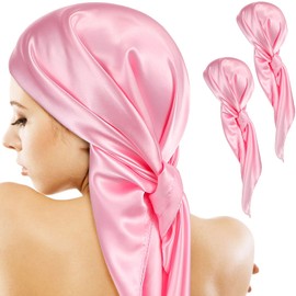 SATINIOR 35 Inch Silk Head Scarf 2 Pcs Large Square Neck Scarf Sleeping Hair Wrapping Satin Scarf for Women (Pink,Classic Style)