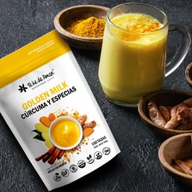 GOLDEN MILK TE HE DE AMAR  CRCUMA Y ESPECIAS  LECHE DORADA  Mezcla de superfoods en polvo para preparar bebidas t y latte. DELICIOSA, RECONFORTANTE Y 