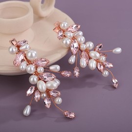 Teyglen 2Pcs Pearl Wedding Hair Clips Pink Crystal Hair Barrette Rhinestone Pearl Bridal Hair Clips Pins Decorative Hair Jewelry Accessories for Women (Pink)