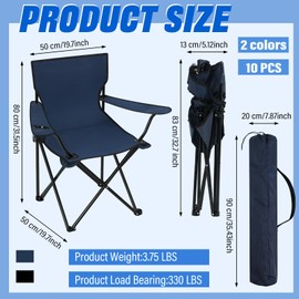 Huwena 10 Pack Folding Camping Chairs Bulk with Cupholder Carry Bags Lightweight Camp Chairs Collapsible Portable Outdoor Lawn Chair for Picnic, Beach, Outside(Black, Blue)