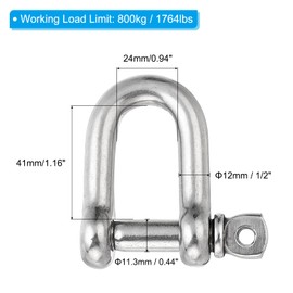PATIKIL Screw Pin Shackle M12 1/2" 1764lbs, 2 Pack 304 Stainless Steel D Ring Shackle for Chains Wire Rope Outdoor, Silver