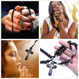 Siganorpy Wood Rosary Necklace Wooden Smooth Beads Catholic Cross Necklace Religious Jewelry Catholic Jesus Cross Pendant Necklace for Men (Black)