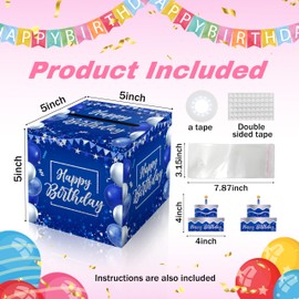 ISOVF Birthday Money Box for Cash Gift, Blue Gold Birthday Money Pull Box & Cash Holder, Surprise Happy Birthday Money Gift Ideas, Party Decor & Supplies-A07