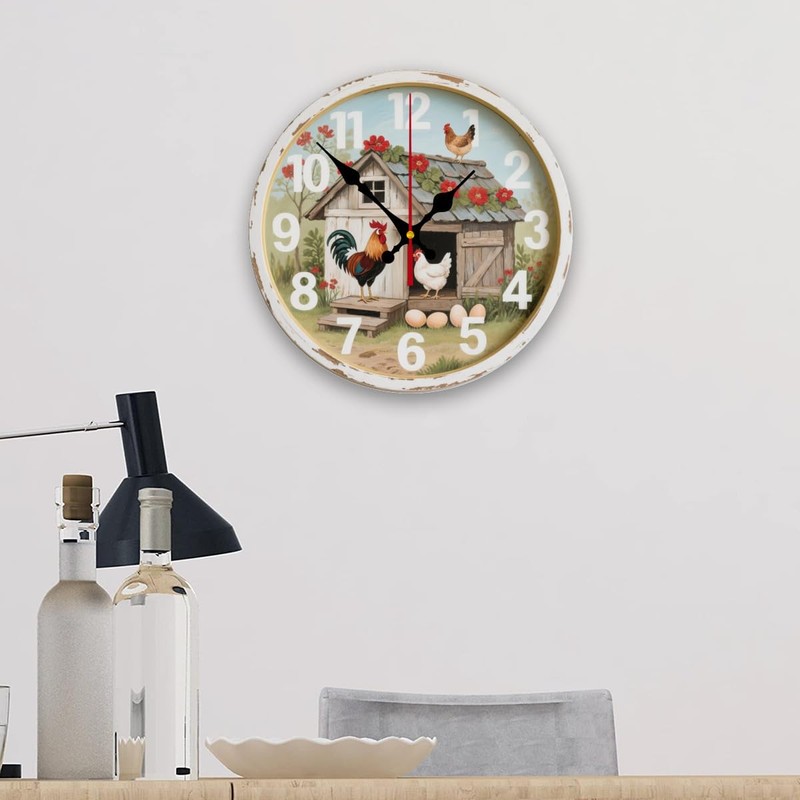 MEUUD Wood Wall Clock 10 Inch Farmhouse Chicken Rooster Print