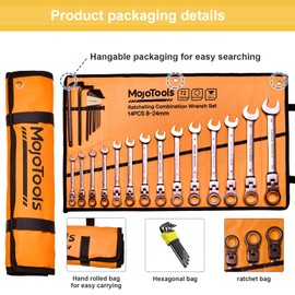 MoJoTools 23-Piece Flex-Head Ratcheting Combination Wrench Set-Includes 14PCS Metric 8-24mm Ratchet Combination Wrenches Set,9PCS Allen Wrenches-72-Teeth,Cr-V Constructed,Nickel Plated,Organizer Bag