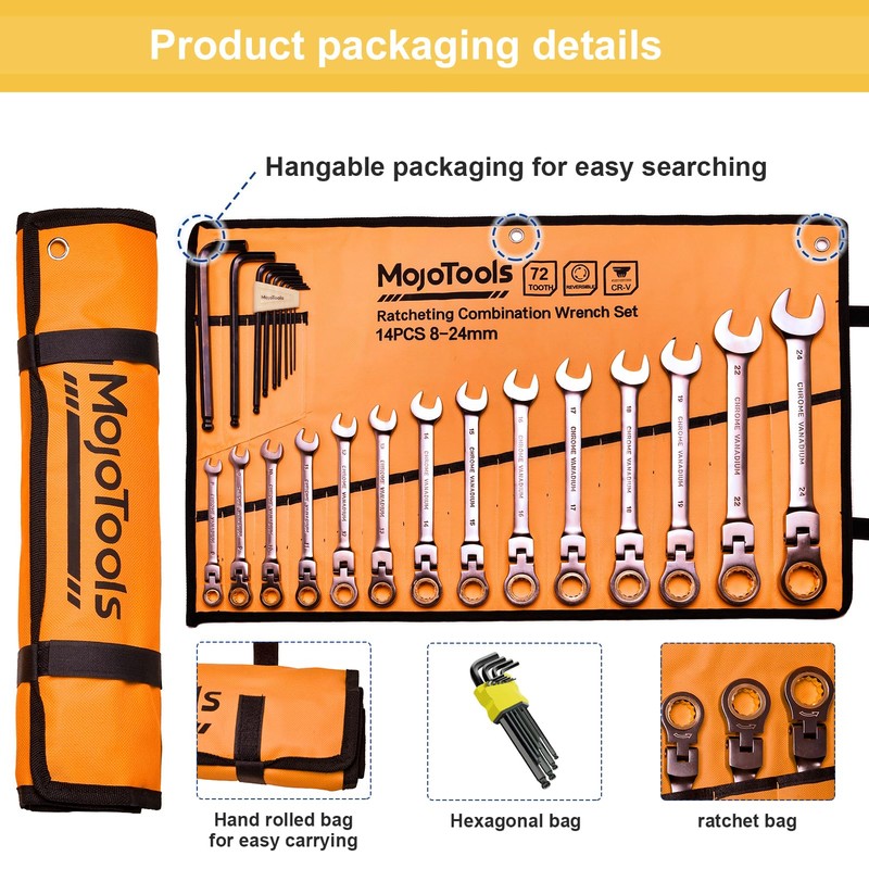 MoJoTools 23-Piece Flex-Head Ratcheting Combination Wrench Set-Includes 14PCS Metric 8-24mm