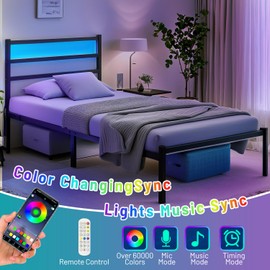 CLIBFENG Twin Bed Frame with Headboard,Heavy Duty Steel Slats Support-LED Bed Frame with USB Charging Station,Metal Platform Bed Frame-Under Bed Storage, No Box Spring Needed, Noise Free，Black