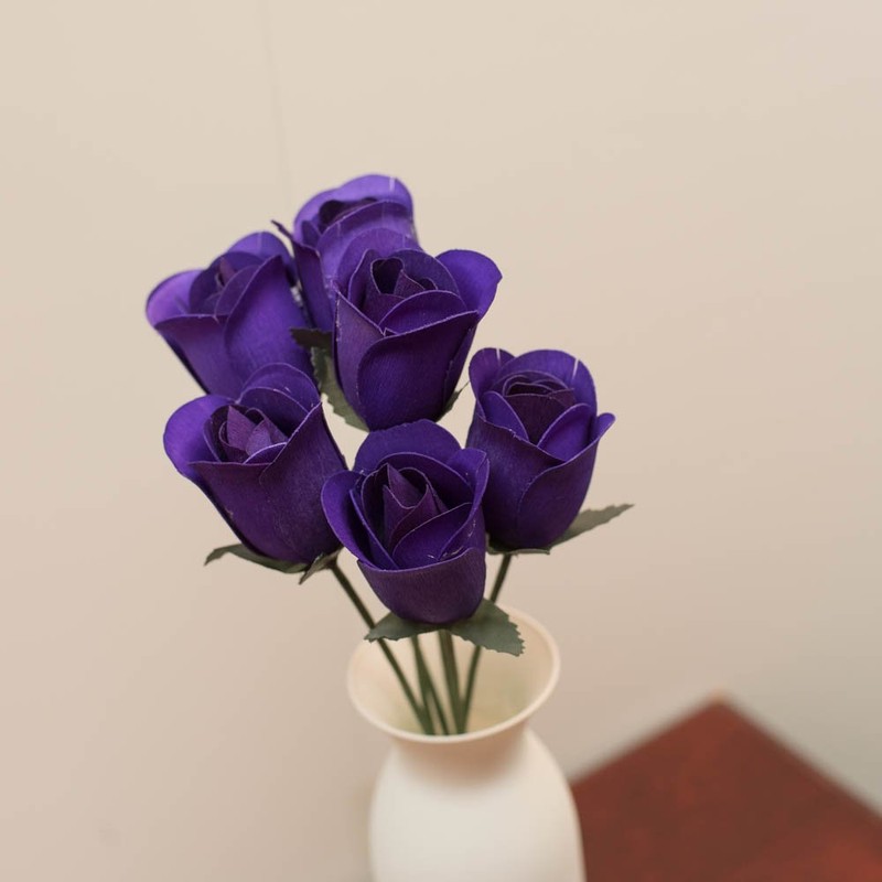 6 Purple Half Open Bud Wooden Roses for Crafts Custom