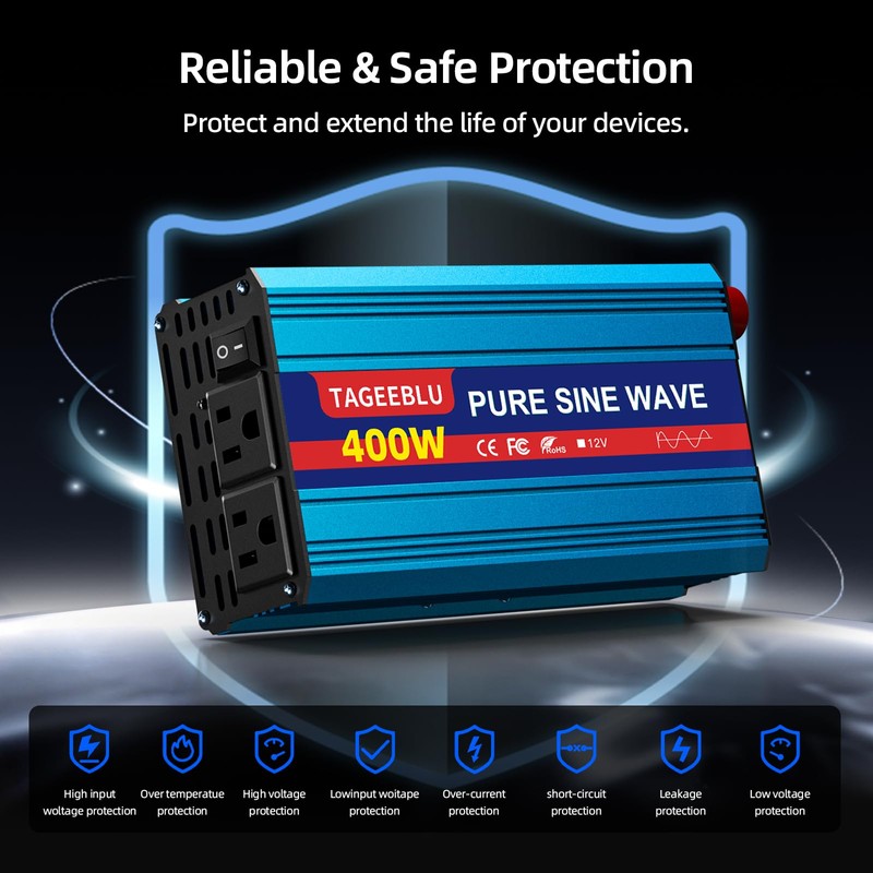 400W Pure Sine Wave Power Inverter 12V DC to 110V
