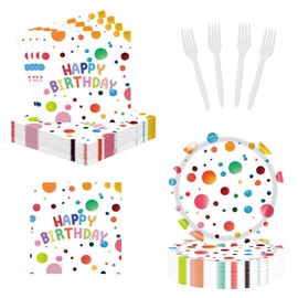 75 Pcs Birthday Party Plates Napkins and Forks Set 7 Inch Rainbow Polka Dot Paper Plates Colorful Party Tableware for Kids or Adults Birthday Baby Shower Holiday Serves 25 Guests