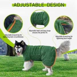 Dog Drying Coat Bathrobe Towel, Microfibre Material Fast Drying Super Absorbent Dog Bath Robe, Pet Quick Drying Moisture Absorbing with Adjustable Collar and Waist (Green, Medium)