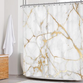 Newsely White and Gold Marble Shower Curtain 60Wx72H Inch Abstract Modern Crack Luxury Texture Ink Liquid Geometric Shower Curtain Bathroom Set Unique Waterproof Bath Decoration Accessories Home Decor
