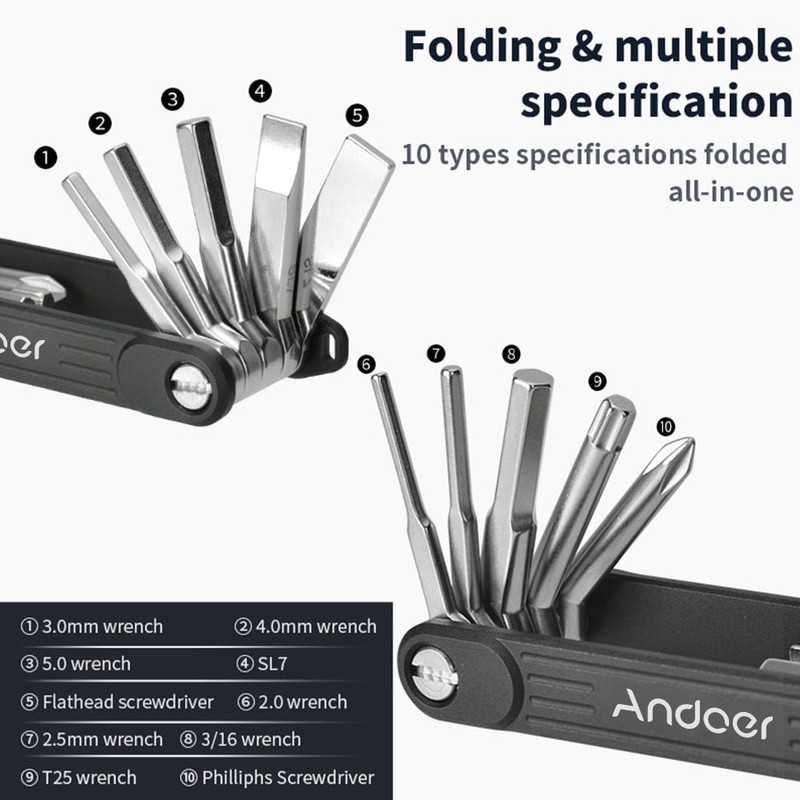 Andoer 10-in-1 Photographer Foldable Wrench Pocket Multitool Set Folding Screwdriver
