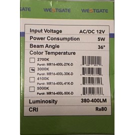 Westgate 12 Volt LED MR16 Lamp MR16-400L-30k-
