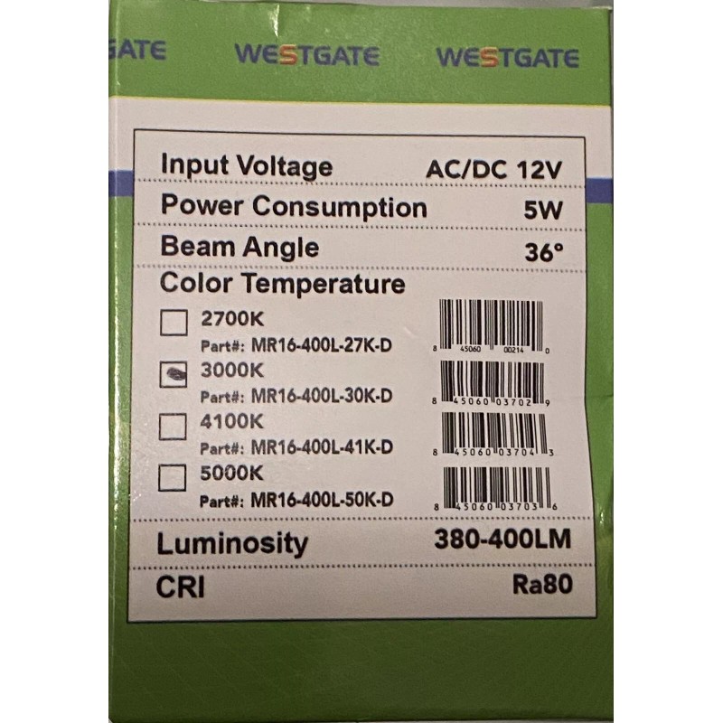 Westgate 12 Volt LED MR16 Lamp MR16-400L-30k-