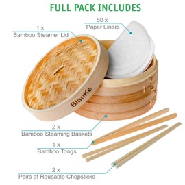 Bamboo Steamer Basket 10 Inch with Chopsticks, Tongs, 50 Paper Liners – 2-Tier Food Steamer for Cooking Dumplings Vegetables Meat Fish Rice – BlauKe®