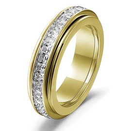 366DAYS Anxiety Rings for Women Titanium Steel Spinner Fidget Band Rings Cubic Zirconia Relieving Anxiety Wedding Promise Lucky Rings Comfort Fit Size 5 to 10 (cubic zirconia gold, 9)