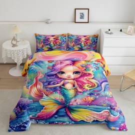 Mermaid Comforter Sets King Size Cartoon Princess Rainbow Mermaid Bedding Set for Kids Girls Teens Bedroom Decor,Cute Ocean Animal Theme Duvet Quilt Watercolor Reversible Soft Comforter