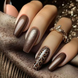 Leopard Pattern Press on Nails Medium Length Ballerina Fake Nails Brown Full Cover False Nails with Designs Glossy Glitter Acrylic Stick on Nails Reusable Artificial Nails for Women Girls 24Pcs