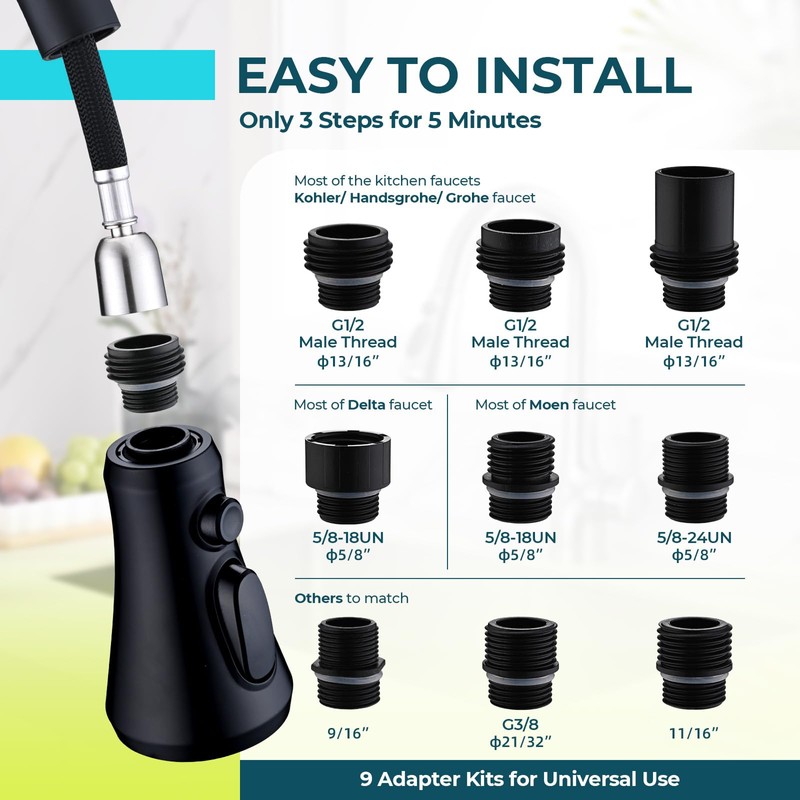 VFAUOSIT Kitchen Faucet Replacement with 9 Adapters, 3-Mode (Aquablade) Pull