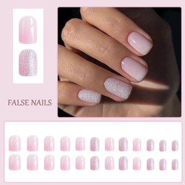 24pcs Medium Square False Nails - Glitter Pink Stick on Nails Silver - Press on Nail Removable Glue-on Nail Fake Acrylic Full Cover Nails Women Girls Nail Art Accessories