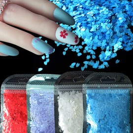 Holographic Flower Chunky Glitter Nail Art for Acrylic Nails,4 Packs Red White Color Floral Heart Nail Sequins Glitter for Resin,3D Nail Art Supplies Flakes Glitter Nails Supply Confetti Manicure