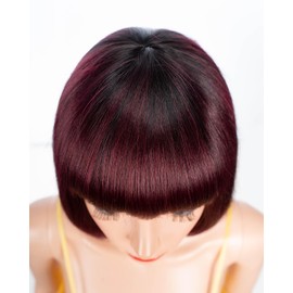 JOEDIR LUX Bob Straight Human Hair Omber Black Wine Wig Wear and Go Glueless Wig with Bangs for Women's Daily Wear