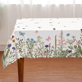 Spring Tablecloth 60 x 104 Inch Rectangular, Floral Wild Flowers Butterfly Table Cover Seasonal Summer Scallop Edge Picnic Table Cloth