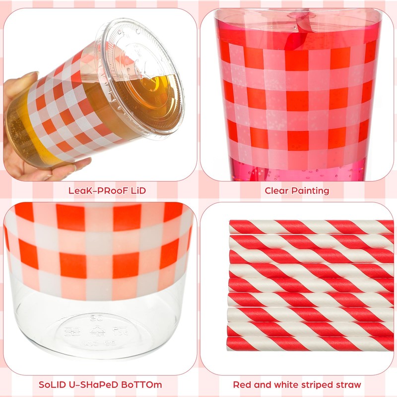 Singhoow 50 Set 16 oz Red U-gingham Gingham Cups Plastic
