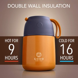 Insulated Food Flask - 530ml Stainless Steel Jar for Hot and Cold Meals – Double-Wall Insulation, Thermal Food Container for School, Office, Travel, Camping - Foldable Spoon, Bag - Orange - 17.9 oz