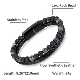 VersaKits Mens Beaded Leather Bracelet Lava Rock Bead Braided Leather Double-Layered Bracelet Gift for Men