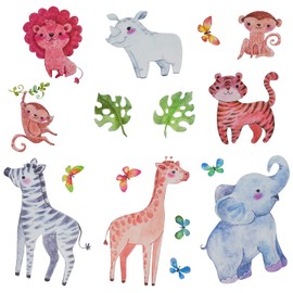 Maydahui Jungle Safari Animal Wall Decals Kids Wall Stickers (25 x 30 Inch) Peel and Stick Removable Butterfly Giraffe Tiger Monkey Zebra Rhino Elephant Decals for Living room Nursery Bedroom Decor