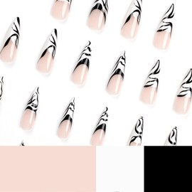 MouyouGlow Press on Nails Long, Stiletto Nude Black White Striped French Fake Nails with Nail Glue, Black White Artificial Fingernails