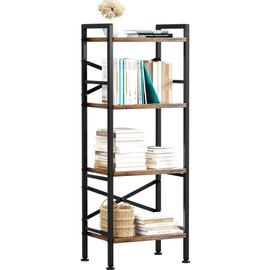 GIOTORENT 4 Tier Book Shelf, Small Bookshelf Storage Organizer, Tall Narrow Bookcase with Storage Shelves, Wooden Industrial Office Shelves for Bedroom, Living Room, Rustic Brown