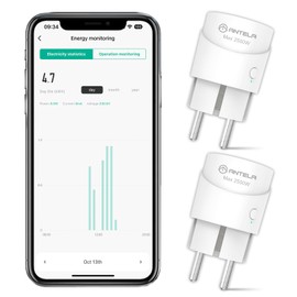 Alexa Steckdose Mini ANTELA Smart WLAN Steckdosen mit Strommessung kompatibel mit Google Assistant, Smart Life APP Fernsteuerung, 2,4GHz, 2 PCs