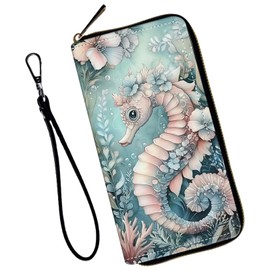 NLZQTTBD Women's Wallets,Wallet Wristlet for Women (Removable Wristlet) RFID Blocking Credit Card Holder Teen Girls PU Leather Phone Zip Around Men Wallet Clutch Travel Purse,Beautiful Seahorse