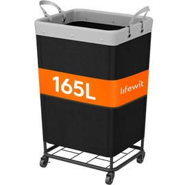 Lifewit 165L Laundry Basket with Wheels, Large Heavy Duty Commercial Rolling Laundry Hamper with Handles, Tall Steel Frame Laundry Cart for Laundry Room Bedroom Hotel Home Dorm, Black